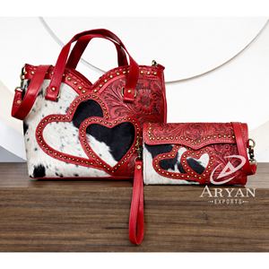 Sac fourre-tout et pochette bandoulière en cuir de vachette façonnée à la main style western, ensemble deux pièces assorti, sac messager double cœur pour femme - Product Image 1