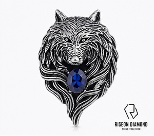 Pendentif Tête de Loup Premium Fait Main Texture Fourrure Centre en Saphir Bleu Argent Oxydé Bijou Hip Hop Tendance pour Homme Cadeau - Product Image 1