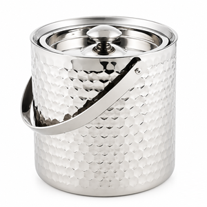 Seau à glace isotherme double paroi en acier inoxydable avec couvercle et poignée en bois, refroidisseur à champagne et vin en métal martelé, vente en gros - Product Image 6