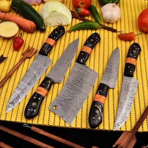 Ensemble de couteaux de chef Damazcus écologiques, lames en acier inoxydable ambidextres, manche en bois rouge, 5 pièces - Product Image 1