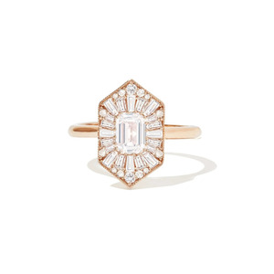 Lab Grown Diamond Art Deco Ring Yellow <b>Gold</b> Baguette Halo Emerald Cut Bridal Ring <b>Top</b> Main Keywords: - Product Image 3