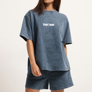 2026 Top Women's Denim Blue Two-Piece <b>Set</b> Short Sleeve T-Shirt & Shorts Casual Loose Fit Spring Summer Wear 100% Cotton <b>Knitted</b> - Product Image 2