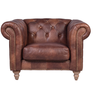 Canapé Chesterfield vintage moderne à une place avec revêtement en cuir capitonné profond, pieds en bois massif, fauteuil pour salon - Product Image 1