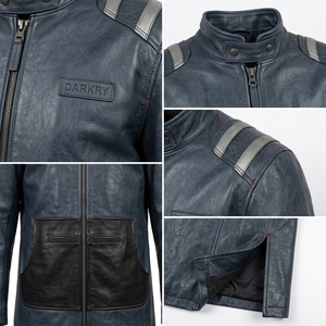 Abrigo de cuero genuino para hombre Steel Blue con bolsillo canguro negro, tira plateada en el hombro y cuello alto, venta al por mayor - Product Image 6