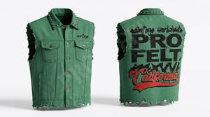 Nouveau design vintage, t-shirt en jean sans manches à col rabattu, délavé, clouté, brodé, style streetwear décontracté pour homme - Product Image 4