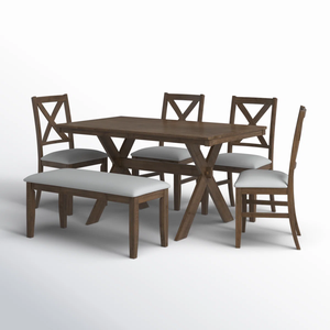 Wood Dining Room <b>Set</b> Rectangular Dining <b>Table</b> with Upholstered Chairs <b>and</b> <b>Bench</b> Modern Indoor Furniture - Product Image 5
