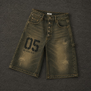 Washed Olive Denim Jorts Men Baggy Y2K Streetwear <b>Shorts</b> with Distressed Finish & Utility Loop Low MOQ Wholesale - Product Image 1