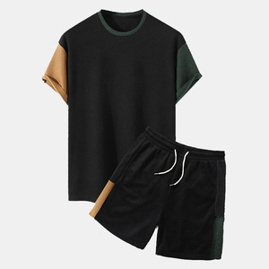 Men's Plus Size Summer Casual Color Blocked <b>Knitted</b> Shorts <b>Set</b> 100% Cotton - Product Image 1