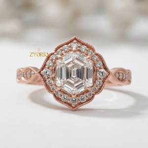 Anillo de compromiso con diamante de laboratorio hexagonal, halo, oro rosa, estilo vintage, joya personalizada, mayorista - Product Image 4