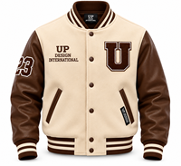 Veste universitaire personnalisée en crème et marron avec manches en cuir, veste de baseball brodée, streetwear universitaire haut de gamme