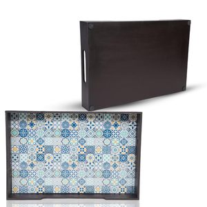 Plateaux de service en bois de manguier plus efficaces, couleur noyer, bordure avec autocollant émaillé, pour la cuisine et la salle à manger, usage polyvalent - Product Image 2