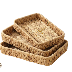 Handwoven Water Hyacinth <b>Storage</b> <b>Basket</b>, Set Of 3 <b>Rectangular</b> Boho Trays, Table <b>Storage</b> Organizer - Product Image 2