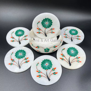 Juego de 6 posavasos de mármol con incrustaciones de piedras preciosas, vajilla de lujo hecha a mano, elegante decoración para el hogar, regalo. - Product Image 1