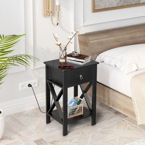 2pcs <b>Black</b> <b>Side</b> Intersection Style Bedside/Nightstand <b>Tables</b> with Two-Layer Drawer Coffee <b>Table</b> - Product Image 4