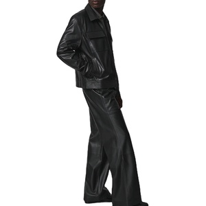 Conjunto de Chaqueta y Pantalones de Cuero Negro para Hombre, Manga Larga, Cierre de Cremallera, Cuello Camisero, Ropa Casual de Invierno, Color Sólido, Corte Regular - Product Image 3