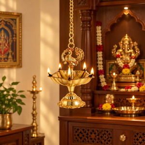 Lámpara de aceite india colgante de latón con cadena, Thooku Vilakku, decoración tradicional para templos de Puja, portavelas colgante al por mayor - Product Image 4