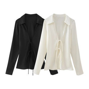 Blusas Elegantes de Satén para Mujer con Solapa, Manga Larga, Lazo y Cordones, Tops de Cuello en V Ajustados, Estilo Urbano - Product Image 6