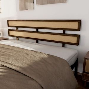 Letto matrimoniale in stile bohémien con legno di noce scuro e testiera doppia in legno di pino e rattan, finitura verniciata - Product Image 3