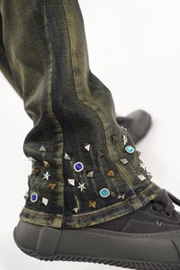 High Quality Cotton Men <b>Jeans</b> American Highstreet Brand Mid-Rise Flare Fit Rhinestone Rivets Vintage Wash Y2K Men's Denim <b>Jeans</b> - Product Image 4