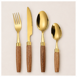 Ensemble de couverts en or avec manche en bois naturel, acier inoxydable poli miroir, pour la maison, les restaurants et la décoration de mariage - Product Image 5
