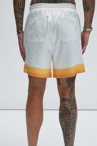 Shorts de bain dégradé blanc et orange en satin pour homme, avec cordon de serrage à la taille, séchage rapide, décontractés et pour l'été - Product Image 4
