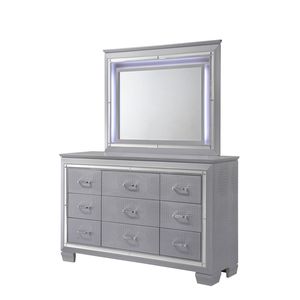 Comò Moderno a 9 Cassetti con Specchio, Dettagli in Finto Cristallo e Finiture Cromate, 1 Pezzo, Colore Argento - Product Image 3