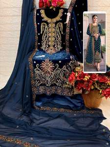 Clásico Conjunto de Terciopelo Bordado con Top, Dupatta de Chinon y Pantalón Santoon, Estilo Shalwar Kameez Atemporal, Sin Arrugas, Largo hasta el Suelo - Product Image 3