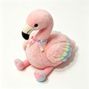 Peluche de flamenco sentado, adorable peluche de flamenco sentado con plumas pastel y cinta arcoíris, flamenco rosa de ojos grandes. - Product Image 4