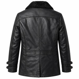 Abrigo de Cuero Negro de Lujo para Hombre, Estilo Peacoat, Cuello de Piel de Oveja, Cierre de Ocho Botones, Chaqueta de Cuero Cálida para Invierno, OEM - Product Image 2