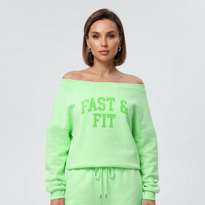 Polyester Cotton Knitted Fabric High Quality Printed Autumn Oversized <b>Sweatshirt</b> Streetwear Slash Neck <b>off</b> <b>Shoulder</b> Front Logo - Product Image 4