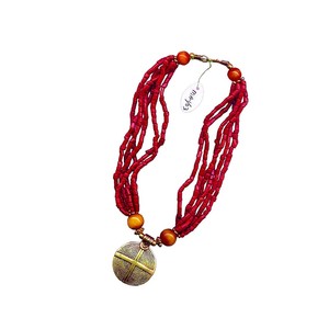 Layered Red Beaded Necklace with Round Gold Tone Pendant, Chunky Boho Ethnic Beaded Statement Jewelry for Women - Product Image 2