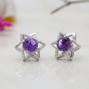 Boucles d'oreilles en améthyste avec halo de fleurs, pierre de naissance de février, en argent sterling, bijoux en pierres précieuses violettes, cadeau pour femme, boucles d'oreilles élégantes - Product Image 4