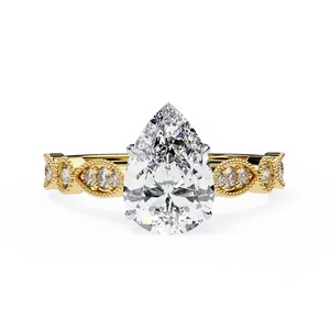 Bague de fiançailles en diamant de laboratoire taille poire 1 carat, or massif 18 carats, certifiée IGI, VVS E-F, avec accent rond vintage, bague fine - Product Image 1