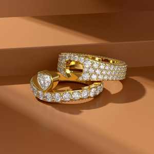 Ensemble de bagues de luxe en forme de cœur serties de diamants, or jaune 14K 18K, bande pavée complète, bague de fiançailles, bijoux fins sur mesure, vente en gros - Product Image 3