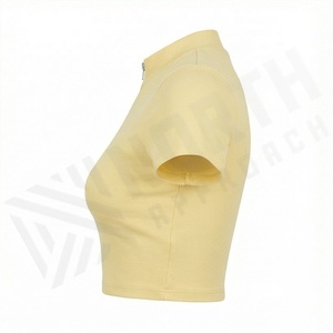 Haut court élégant pour femme, en denim côtelé imprimé, avec demi-zip, couleur personnalisable, vêtement de mode estival de qualité supérieure - Product Image 3