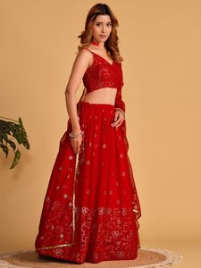 <b>Red</b> <b>Sequin</b> Georgette Lehenga Choli Semi Stitched Indian Outfit Embroidered Two Piece Reception Wear - Product Image 4