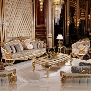 Juego de Sofás Tapizados en Madera de Teca de Lujo Premium, Estilo Real Europeo Clásico, Tallado a Mano, Muebles para Sala de Estar de Villa - Product Image 1