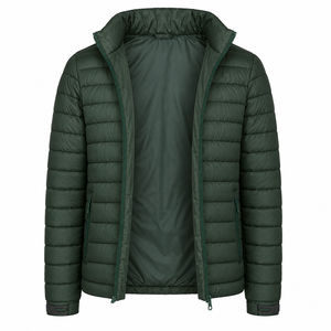Unisex Green Puffer <b>Jacket</b> Hooded Zipper Closure Windproof Eco-Friendly Waterproof Casual Winter Solid Color Cotton Filling - Product Image 2