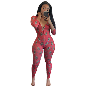 Combinaison moulante bleue imprimée pour femme, manches longues, col en V, taille haute, coupe ajustée, longueur intégrale, en Spandex et Polyester - Product Image 4