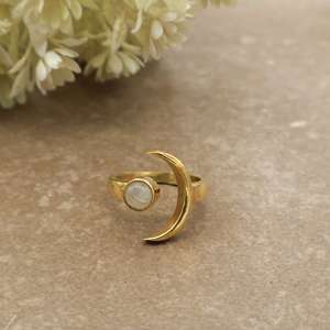Handcrafted Natural Round Rainbow Moonstone Bezel Setting <b>Ring</b> 14k Gold Plated Brass SHYAM JEWELRS Boho Statement Jewelry Unisex - Product Image 1