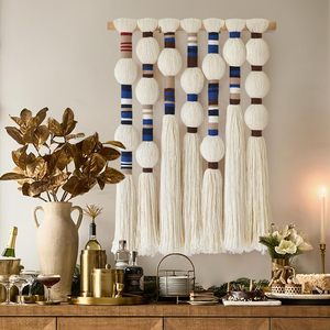 Macrame Cotton Yarn with Ball-shaped Tassels Geometric <b>Boho</b> <b>Wall</b> Decor - Product Image 1
