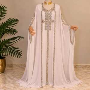 Designer <b>Kaftan</b> Dress for <b>Women</b> Elegant Arabic Abaya Style Long Flowing Maxi Gown with Sheer Sleeves Intricate Gold Silver - Product Image 4