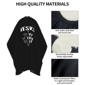 Capa de Peluquería Negra Impermeable de PVC y Poliéster con Diseño de Jesús, el Camino, la Verdad y la Vida - Product Image 5