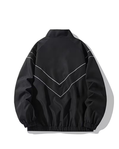 Men's Black Fleece <b>Racer</b> <b>Jacket</b> Stand Collar Batwing Sleeve Zipper Closure Sporty Loose Fit Autumn Wear - Product Image 3