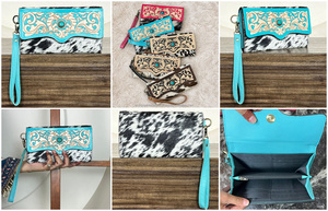 Western Luxury Style Tooled Cowhide Leather Wristlet <b>Wallet</b> with Turquoise Concho Vintage Floral Embossed Clutch Purse for Women - Product Image 3