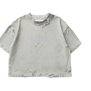 เสื้อยืดคอตตอนถักลายกราฟิกคุณภาพสูงแบบสั่งทำพิเศษ ตัดเย็บขอบดิบ ขาดรุ่ย ไหล่ตก ทรงครอป ลุคดิสเทรส ซักย้อมสีแบบแอซิดวอช - Product Image 1