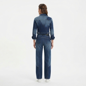 <b>Women</b> Blue Denim <b>Cropped</b> Jacket Patchwork <b>Jeans</b> Set High Waist Wide Leg Pants Two Piece Casual Denim Outfit Wholesale - Product Image 2