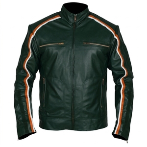 <b>Men's</b> Genuine <b>Leather</b> Motorcycle <b>Jacket</b> Stand Collar Zipper Closure Brown With Tan Stripes Moto Biker Style Autumn Wear - Product Image 2