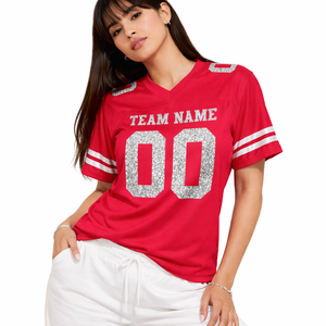 Jersey de Fútbol Americano Rojo Personalizado de Moda 2026 para Mujer, con Número Brillante, Cuello en V, Uniformes de Equipo, Sublimación al por Mayor, Ropa Deportiva OEM - Product Image 3