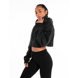 Sudadera con Capucha Corta para Mujer, de Felpa, Color Negro Sólido, Informal, de Otoño, Manga Larga, Corte Regular - Product Image 4